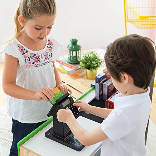 Teamson Kids Cashier Austin Interactive Wooden Play Market Stand with Lights and Sounds, Manual Conveyor Belt, Register and Display Spaces, Green and White Décor on Natural Wood | Manual Conveyor Belt, Scanner, Display Shelves, Green and Natural, Educatio