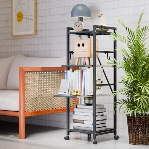 4-Tier Kitchen Cart with Locking Wheels, Height Adjustable Storage Shelf, 10kg Per Layer Load Capacity, Carbon Steel Rolling Utility Rack for Pantry, Bathroom, Office Black Triple Layer