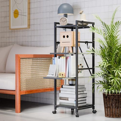 4-Tier Kitchen Cart with Locking Wheels, Height Adjustable Storage Shelf, 10kg Per Layer Load Capacity, Carbon Steel Rolling Utility Rack for Pantry, Bathroom, Office Black Triple Layer