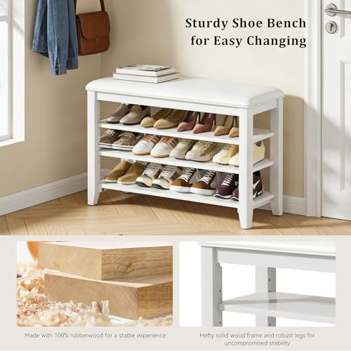 Shoe Bench with 3 Tier Adjustable Shelves Rubberwood Entryway 31.5'' - color: White, size: 31.5''