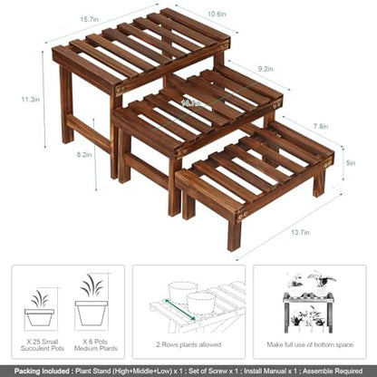 3 Tiered Small Plant Stands Shelf Indoor Outdoor Wood Flower Stand | Low Rectangle Plant Bench Holder Rack, Corner Step Ladder Shelves for Flower Pot Succulent Cactus Patio,Desktop,Window
