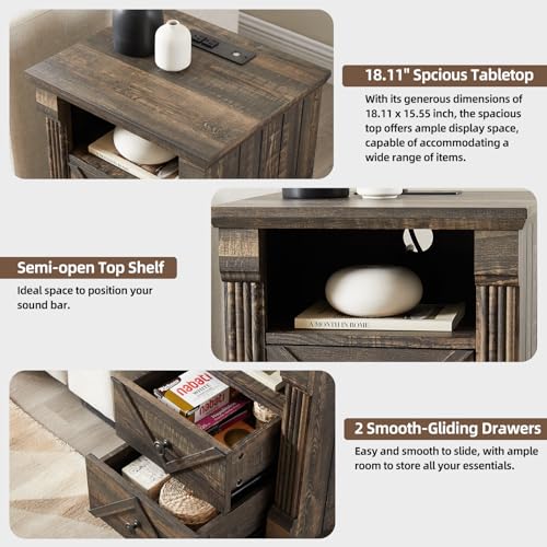 Minifeel Farmhouse Nightstand with Charging Station, 18" Wide 2 Drawer Night Stand, Barn Door Wood Bedside Table with Open Storage Shelf, Sofa Side End Tables with Roman Column for Bedroom, Dark Oak - color: Dark Rustic Oak