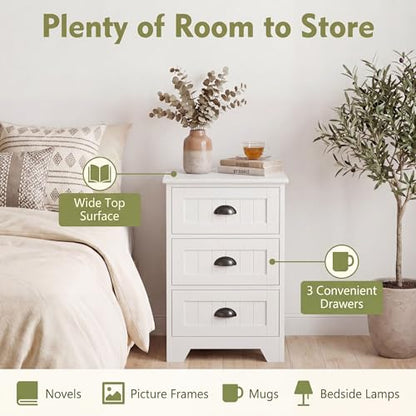 Giantex Nightstand with 3 Drawers, Bedside Table with Exquisite Metal Handles, Accent Table Sofa Side Table with Anti-toppling Device for Bedroom, Study, White - color: White