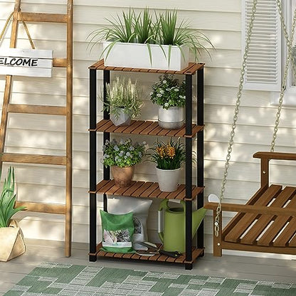 Furinno Pangkor 4-Tier Turn-N-Tube Indoor Outdoor Plant Shelf Wood Stand with Square Poles, Natural/Black - style: 4 Tier Square Poles