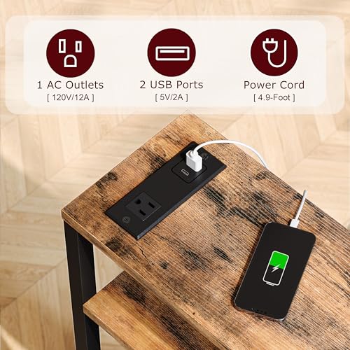 Narrow Side Table with Charging Station Slim End Table Sofa with Magazine Rack, Bedside Table for Small Spaces, 3 Tier Nightstand for Living Room Couch, Bedroom Rustic Brown LET503RE - color: Rustic Brown, style: With Charging Station
