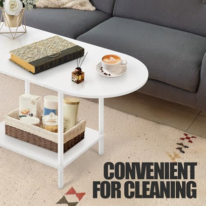 White Coffee Tables for Living Room,Mid Century Oval Center Table with Storage Shelf and Wood Tabletop,2-Tier Modern Narrow Cocktail Tea Table for Small Space,Small Apartment - color: White