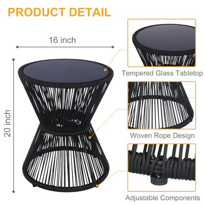 SUNNYPARK Small Outdoor Side End Table Modern Hourglass Style 20" H | Tempered Glass Top, Hand-Woven Rope, Easy Assembly, All Weather, Round Accent Table for Coffee Patio Balcony Poolside - color: Black