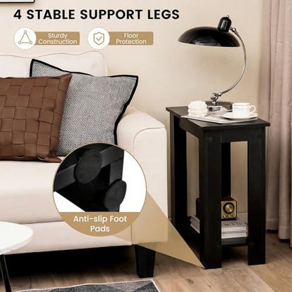 Giantex Narrow End Table Set of 2, 2-Tier Side Table with Open Storage Shelf, Retro Wood Sofa Table Bedside Tables for Small Spaces, Slim Nightstand for Living Room, Bedroom, Easy Assembly, Black - color: Black