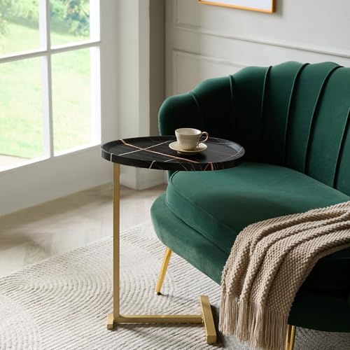 Kings Brand C-Shaped Side End Table, Sofa Snack Table, Gold & Black | Convenient C-Shaped Table – Slides Under Sofas, Chairs, Beds to Keep Coffee, Snacks, Laptops, Books, & Essentials w/in Reach - color: Black