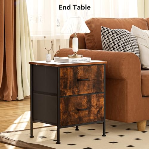 Industrial Nightstand with 2-Drawer Storage, Rustic Brown End Table with Metal Frame, Small Fabric Dresser for Bedroom, Living Room, Office, Easy Assembly