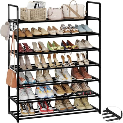Metal Shoe Organizer,7 Tiers Shoe Storage Shoe Rack with Hooks,Fit 24-30 Pairs,Adjustable Shoe Shelf for Entryway,Hallway,Bedroom,Metal Bottom Support - size: 7 Tier