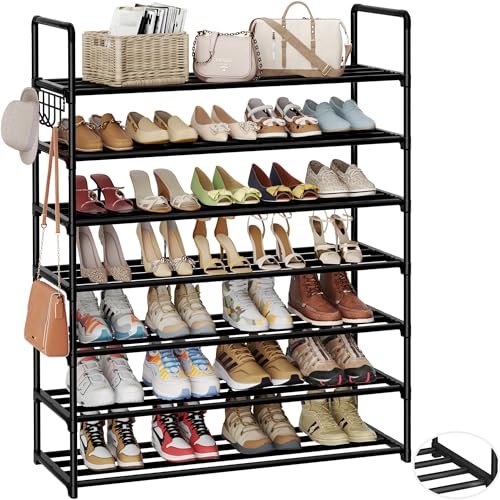 Metal Shoe Organizer,7 Tiers Shoe Storage Shoe Rack with Hooks,Fit 24-30 Pairs,Adjustable Shoe Shelf for Entryway,Hallway,Bedroom,Metal Bottom Support - size: 7 Tier