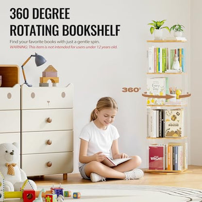 TAKEKIT Rotating Bookshelf, 360 Degree Revolving Bookcase, 4-Tier Spinning Bookshelf, Clear Acrylic & Solid Wood Rotating Bookcase for Kid’s Playroom, Bedroom and Living Room, Square - color: Natural Square, size: 4-Tier