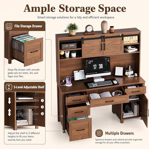 61" Farmhouse Executive Desk with Hutch & Charging Station, Wooden Computer Desk with 2 Sliding Barn Doors, 5 Drawers & Storage Cabinet with Adjustable Shelf for Home Office, Bedroom (Walnut-01) - color: Walnut-01