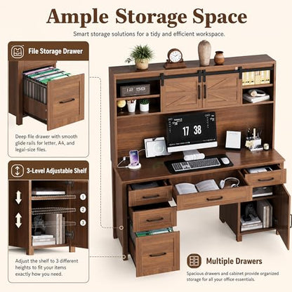 61" Farmhouse Executive Desk with Hutch & Charging Station, Wooden Computer Desk with 2 Sliding Barn Doors, 5 Drawers & Storage Cabinet with Adjustable Shelf for Home Office, Bedroom (Walnut-01) - color: Walnut-01