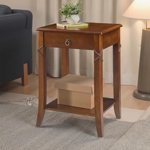 27.6" High End Table with Drawer and Storage Shelf, Solid Wood Side Table, Traditional Sofa BesideTables, Narrow Telephone Tables for Living Room,Small Space No-Tools Assembly, Cherry Brown GBJDR200 - color: Cherry Brown