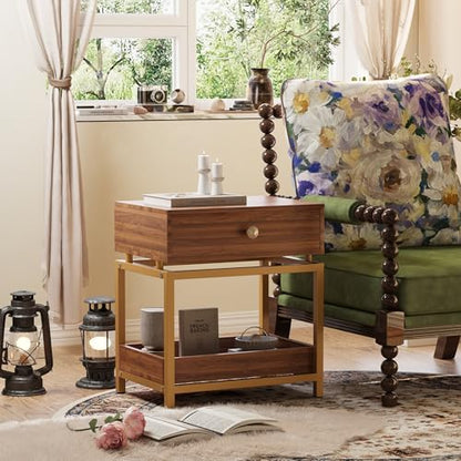 Night Stand Farmhouse Nightstand with Gold Metal Frame, Bedside Table with Drawer and Open Shelf, Sofa Side Table End Table for Bedroom, Living Room,Dark Walnut, 1 Pack - color: Dark Brown 22"