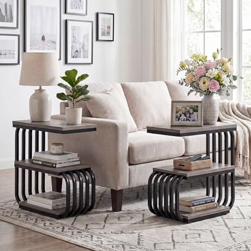Tribesigns Small Narrow End Table with Storage Shelf, Industrial Side Tables with Curved Metal Frame, 3-Tier Accent Table and Nightstand for Living Room, Bedroom, Small Space (1, Grey) - color: Grey