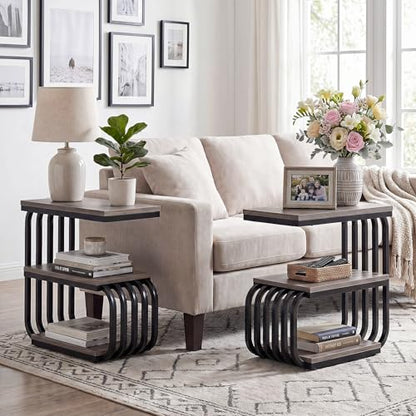 Tribesigns Small Narrow End Table with Storage Shelf, Industrial Side Tables with Curved Metal Frame, 3-Tier Accent Table and Nightstand for Living Room, Bedroom, Small Space (1, Grey) - color: Grey