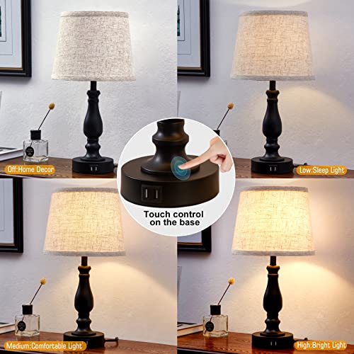 EJIAXIN Table Lamps Set of 2, Bedside Nightstand Lamps with USB Charging Ports,Dimmable Touch with Linen Fabric Lampshade, Modern Small Lamp for Bedrooms, Living Room (Bulbs Included) - color: Beige Shade and Black Base