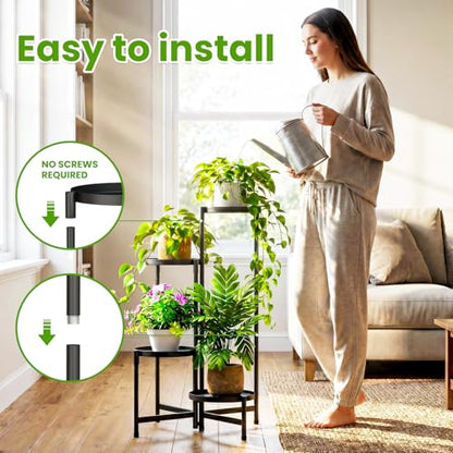 Plant Stand Indoor Outdoor, 4 Tier Corner Metal Flower Display Holder Shelf, Folding Tall Orchid Rack for Patio Balcony Porch Garden Living Room House, Black