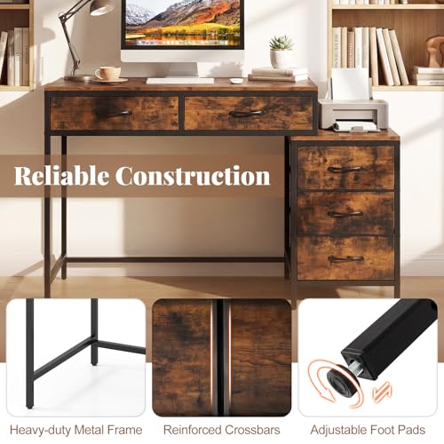 Tangkula Reversible Computer Desk, Industrial Style Writing Study Table | 51” Home Office Desk with Drawers & Printer Stand, Laptop PC Workstation for Bedroom Small Spaces - color: Rustic Brown