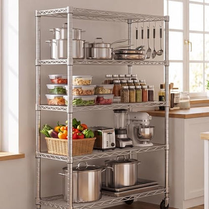 PrimeZone 75" H Wire Shelving 5 Tier Slim Steel Storage Metal Shelves with Wheels,Adjustable Kitchen Utility Shelving Unit,Pantry Rack Rolling Metal Shelf Chrome 24" Wx18 Dx75 H - size: 24" W x 18" D x 75" H