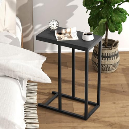 Giantex C Shaped End Table, Small Side Table for Sofa, Couch Table that Slide Under with Metal Frame, Industrial TV Tray Table for Small Spaces, C Table for Living Room Bedroom (2, Black) - color: Black