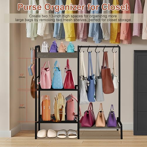 2-in-1 Shoe and Purse Rack, 5-Tier Shoe Rack with Wooden Tray & 7 Hooks, Industrial Metal Shoe Shelf with Removable Shelves for Entryway, Front Door Entrance, Closet, Boot Storage, Black - color: Black With Grey