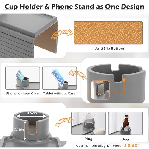 GHKINMAL Couch Cup Holder Tray, Large Couch Arm Table with 360° Ratated Phone Holder, 3 in 1 Bamboo Sofa Armrest Tray with Anti-Slip Couch Organizer for Remote,Cellphone,Snacks - color: Gray