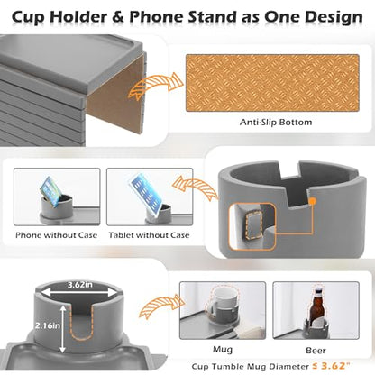 GHKINMAL Couch Cup Holder Tray, Large Couch Arm Table with 360° Ratated Phone Holder, 3 in 1 Bamboo Sofa Armrest Tray with Anti-Slip Couch Organizer for Remote,Cellphone,Snacks - color: Gray
