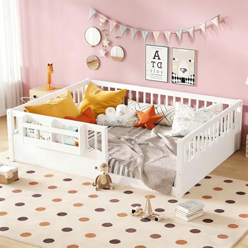 Bellemave Queen Size Kids Floor Bed with Heightened Fence and Bookshelf, Wooden Queen Montessori Bed Frame for Girls Boys, White - color: White Shelf, size: Queen