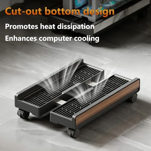 Heavy-Duty Adjustable Mobile CPU Stand with Locking Wheels,PC Tower Floor Cart,Ventilated Rolling Computer Holder Fits Most Gaming&Office Towers, Under Desk PC Riser with Caster Wheels (Wood Grain) - color: Wood Grain