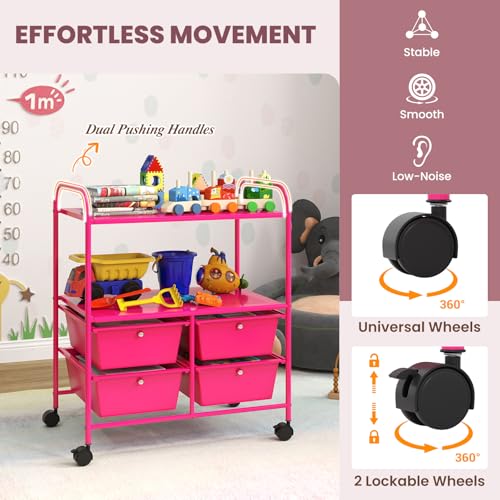 GOFLAME 4-Drawer Rolling Storage Cart with 2 Shelves, Mobile Utility Cart with Removable Drawers and Metal Frame, Art Craft Drawer Cart with Lockable Wheels for Home, Office, School, Studio, Hot Pink - color: Hot Pink