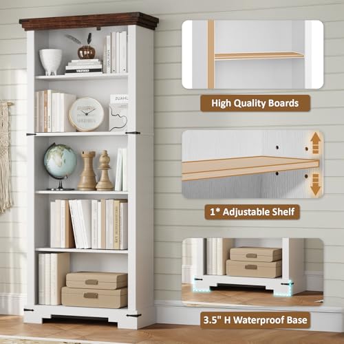 5-Tier Farmhouse Bookshelf, 61.1 inch Tall Bookcase with Storage & Unique Design & One Adjustable Shelf, Wooden Bookshelf for Study Room, Living Room, Home Office, Bedroom (White) - color: White