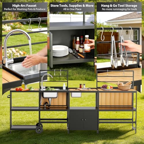 LEVELEVE Modular Outdoor Kitchen Island 4-Piece Set, Aluminum Outdoor Prep Station Grill Cart with Independent Sink, Storage Cabinets & Shelves for Backyard Patio Deck - size: 4-Pieces Set