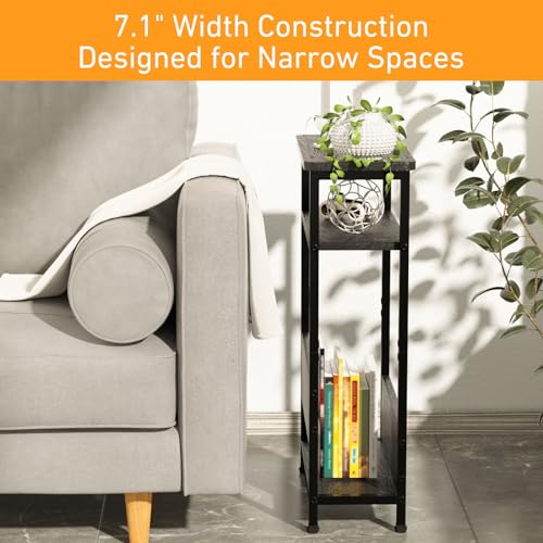 THUMEYE 7.1" Narrow Side Table for Small Spaces, 3 Tier Small End Table with Magazine Holder, Slim/Skinny Nightstand/Bedside Table for Living Room, Bedroom, 15.4" L x 24.2" H, Black - color: Black