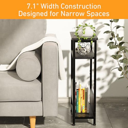 THUMEYE 7.1" Narrow Side Table for Small Spaces, 3 Tier Small End Table with Magazine Holder, Slim/Skinny Nightstand/Bedside Table for Living Room, Bedroom, 15.4" L x 24.2" H, Black - color: Black