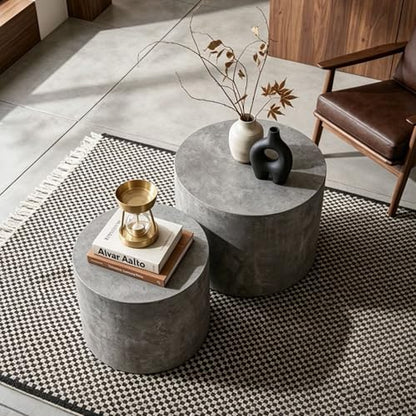 Nesting Coffee Table Set of 2, Modern Round Wooden Coffee Tables, Accent End Side Table for Small Space Living Room,Stone Gery - color: Stone Gery