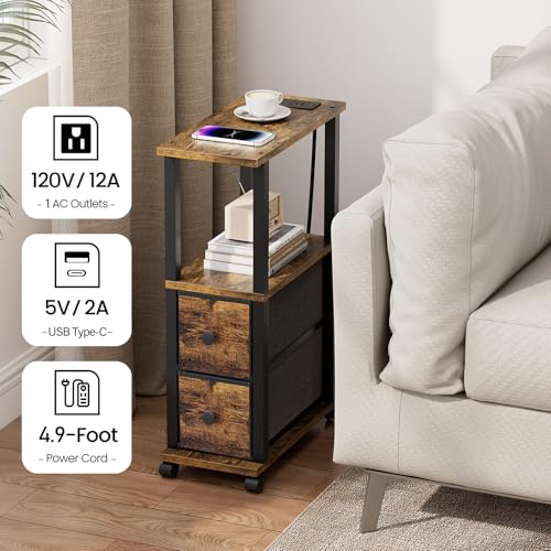 TUTOTAK Small Narrow End Tables, LED Side Tables with 2 Fabric Drawers, Set of 2, Bedside Tables with Charging Station for Small Spaces, Slim Nightstands with USB Ports and Wheels, TB01BB053CL - color: Brown and Black, style: with LED Light & Outlets