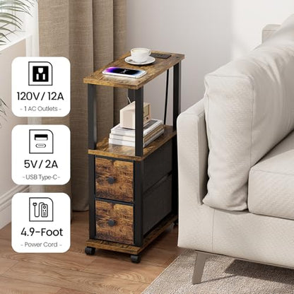 TUTOTAK Small Narrow End Tables, LED Side Tables with 2 Fabric Drawers, Set of 2, Bedside Tables with Charging Station for Small Spaces, Slim Nightstands with USB Ports and Wheels, TB01BB053CL - color: Brown and Black, style: with LED Light & Outlets