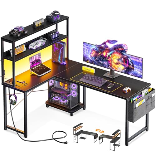 ODK 53 Inch L Shaped Gaming Desk with LED Lighting, Reversible Desk with Power Outlets, Cornor Computer Table with Storage Shelves & Bag & Iron Hook, Home Office Table for Writing, Study, Black - color: Black, size: 53 Inch