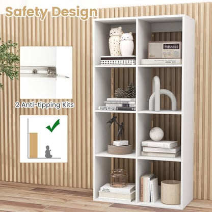 Giantex 8-Cube Bookcase, White Cubby Bookshelf w/Back Guardrail & Anti-Tipping Kits, 8-Tier Freestanding Storage Organizer with Shelves, Open Back Display Rack for Living Room, Bedroom, Study