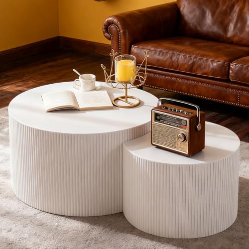Round Nesting Coffee Table Set of 2 Modern Cream Fluted Coffee Table Small Round End Table Crescent Side Table Circular Coffee Tables Nested Coffee Tables for Living Room (Cream Large) - color: Cream Large