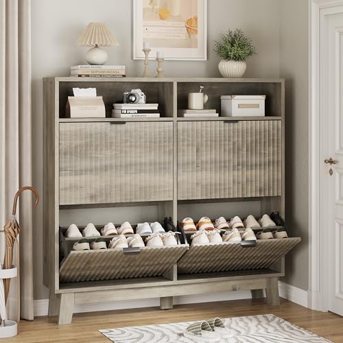 Xixini Shoe Cabinet with 4 Flip Drawers, 46" Tall Narrow Fluted Shoe Storage Organizer for Entryway, Hidden Slim Wooden Shoe Rack Cabinet for Front Door Entrance, Hallway, Living Room, Light Grey - color: Light Grey, size: 4 Flip Drawers