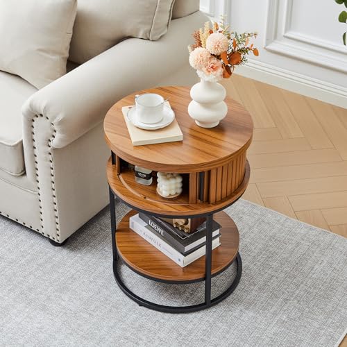 Turtle&Myrtle Small Round Side Table with Storage, 2-Tier Wooden End Table with Sliding Door and Shelf, Mid-Century Circle Nightstand for Living Room, Bedroom, Walnut, 2PC - style: Mid-Century Modern-2PC