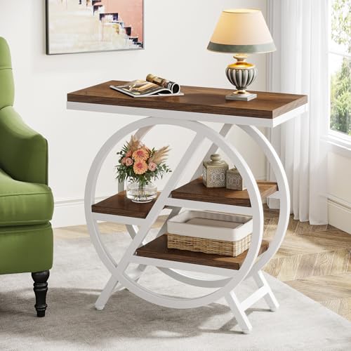 Tribesigns End Table for Living Room, 3-Tier Narrow Side Table with Storage, Wood Sofa Side Table with Geometric Metal Frame, Industrial Nightstand and Bedside Table for Bedroom (Light Brown+White) - color: Light Brown&white