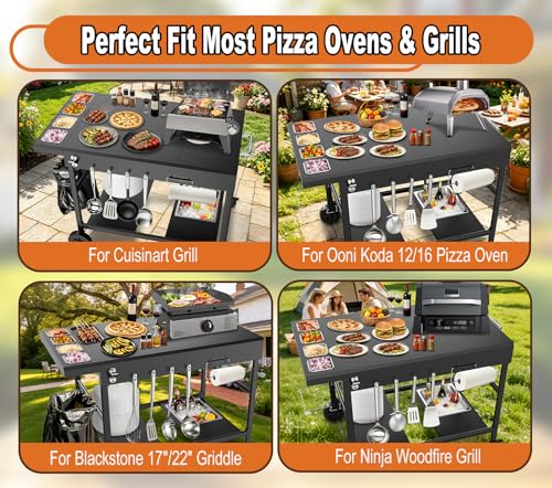 Outdoor Pizza Oven Table with Topping Station | Propane Tank Stand, Beverage Storage Tray, Seasoning Boxs, 4 Wheels, Hooks, Pizza Oven Table for Patio, Kitchen, Backyard