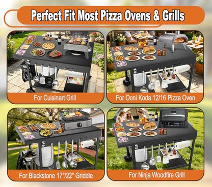 Outdoor Pizza Oven Table with Topping Station | Propane Tank Stand, Beverage Storage Tray, Seasoning Boxs, 4 Wheels, Hooks, Pizza Oven Table for Patio, Kitchen, Backyard