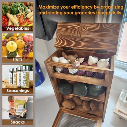Ikee Design Free Assemble Wood Countertop Potato and Onion Storage Cabinet | Pine wood countertop cabinet with removable shelf stores bread, potatoes, onions and pantry essentials; fully assembled. - color: Rustic Brown, 2 Door